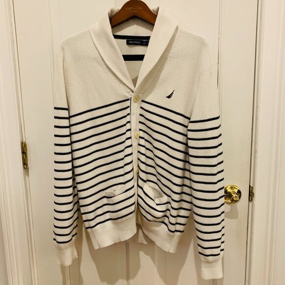 Nautica Striped Shawl Collar Cardigan Size Large - Picture 1 of 15